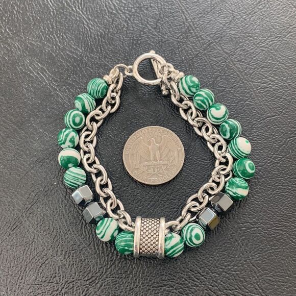 Men’s Malachite Green & Hematite Black Beaded Bracelet with Silver Chain - Picture 8 of 9